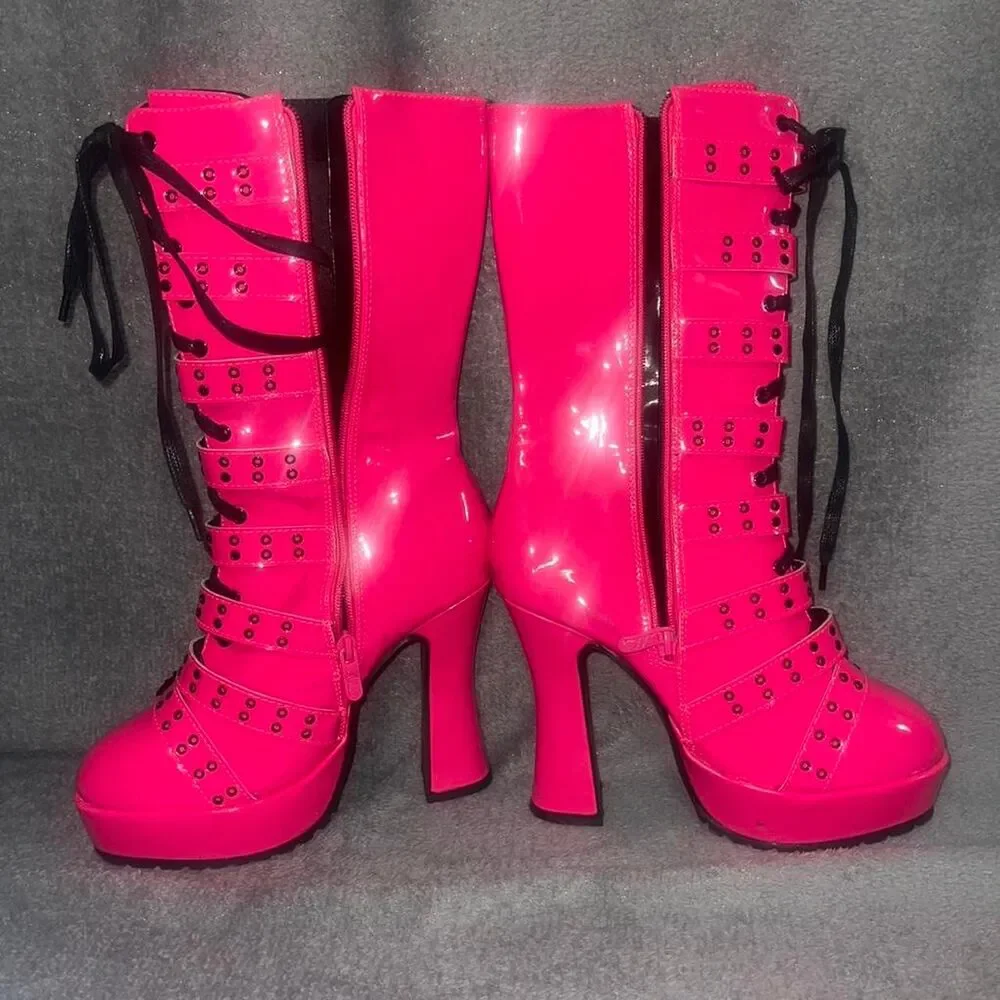 Ellie Women's Hot Pink PVC Boots Buckles Platform Size 8
